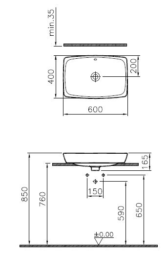 Раковина-чаша VITRA Metropole 160х600х400, прямоугольная, с переливом