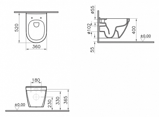 Унитаз подвесной VITRA S50, 36х52, безободковый, белый (7740B003-0075)