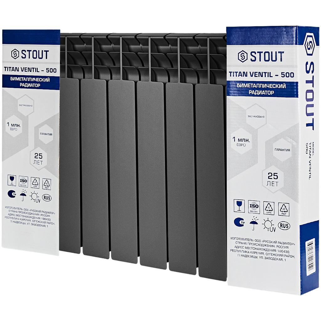 Радиатор биметалл STOUT TITAN VENTIL 500 6 секций нижн. прав. подкл.(графит RAL 7024) 