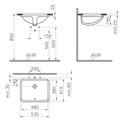Раковина VITRA S50 (С50) 530х415, прямоугольная, с переливом, встраиваемая снизу