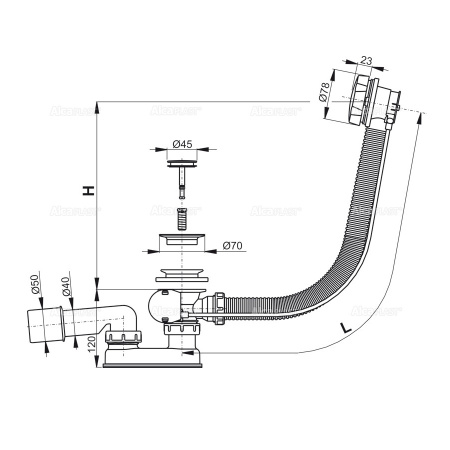 Сифон для ванны ALCAPLAST A55K-60-VE-01/A55K-60-RU-01, G1 1/2"х40/50, хром глянцевый