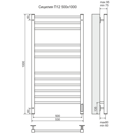 Полотенцесушитель "Горизонт" электр. 30х30/18 П8 1000*600, 152Вт, (2-5-1), под скрытую проводку (sen