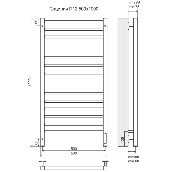 Полотенцесушитель "Горизонт" электр. 30х30/18 П8 1000*600, 152Вт, (2-5-1), под скрытую проводку (sen