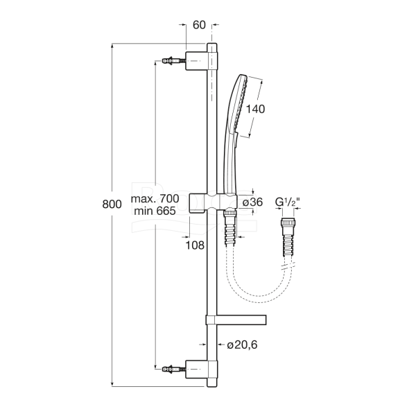 Душевой гарнитур ROCA Plenum Square 75B1A10C00, (штанга, шланг, лейка, мыльница), хром глянцевый