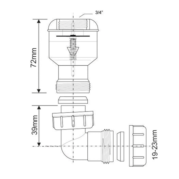 Обратный клапан McALPINE TUNVALVE G3/4"х19-23мм, с отводом 90, прозрачный