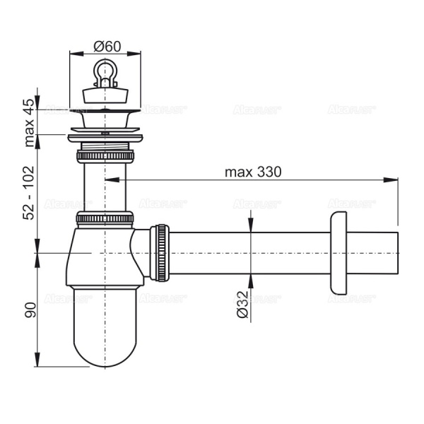 Сифон для раковины ALCAPLAST A437 G1 1/4х32, горизонтальный выпуск, хром глянцевый