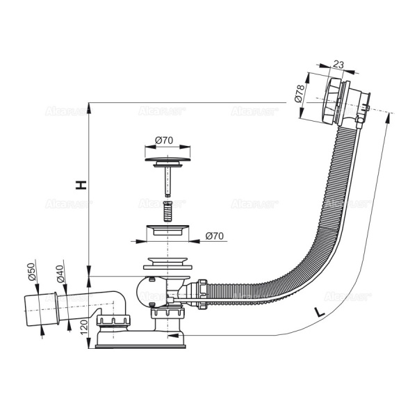 Сифон для ванны Alcaplast A55KM L-80 G1 1/2"х50/40