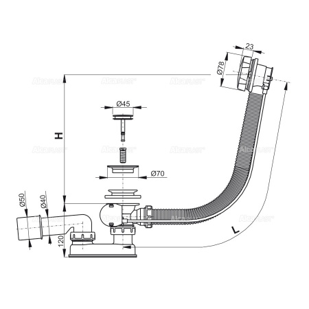 Сифон для ванны ALCAPLAST A55K-80-VE-01/A55K-80-RU-01, G1 1/2"х40/50, хром глянцевый