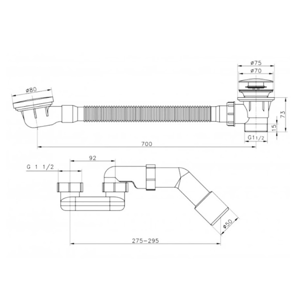 Сифон для ванны CALYPSO CS0837GMA, Click/Clack, G1 1/2"х40/50, с верхней прочисткой, оружейная сталь