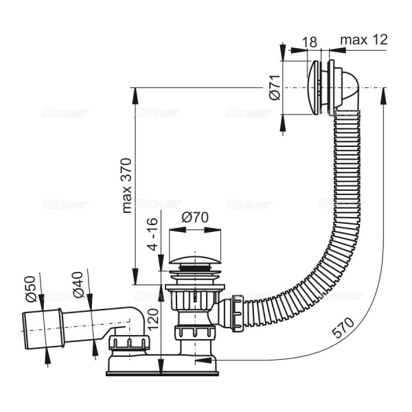 Сифон для ванны ALCAPLAST A504CKM-60, Click/Clack, G1 1/2"х40/50, хром глянцевый