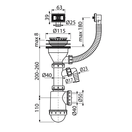 Сифон для кухонной мойки ALCAPLAST A447P-DN50/40 G3 1/2х40/50, со штуцером