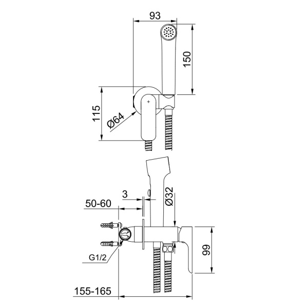 Смеситель встраиваемый RAGLO R03.52 с лейкой для гигиенического душа, хром глянцевый