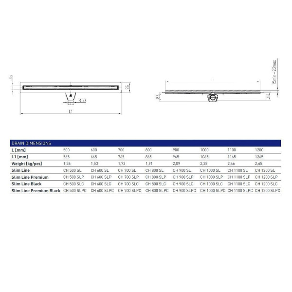 Водоотводящий желоб MCH Slim Line CH700SL, с двусторонней решеткой для укладки плитки, хром глянцевы
