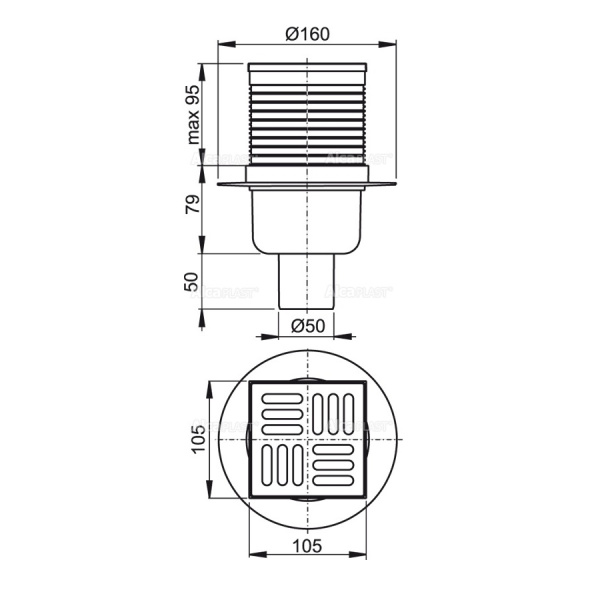 Трап ALCAPLAST APV2 105х105/50, прямой, мокрый затвор, с решеткой