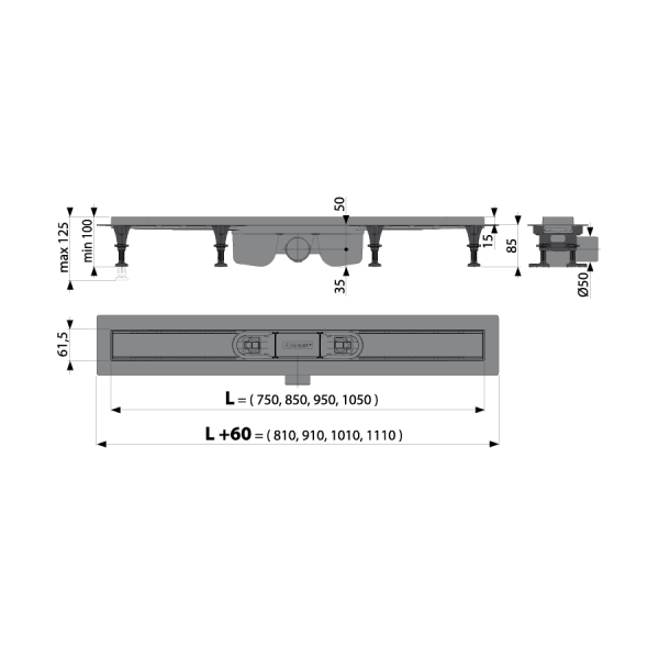 Водоотводящий желоб ALCAPLAST APZ12-750 Optimal, без решетки