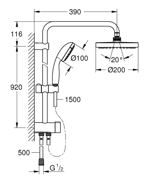 Душевая стойка GROHE Tempesta System 200 26452001, для настенного монтажа с переключателем