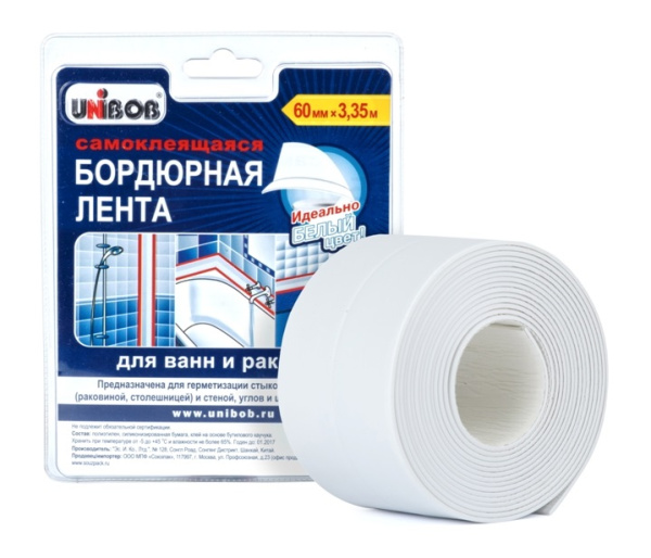 Самоклеящаяся бордюрная лента для ванн и раковин UNIBOB 60 мм*3,35 м, белая